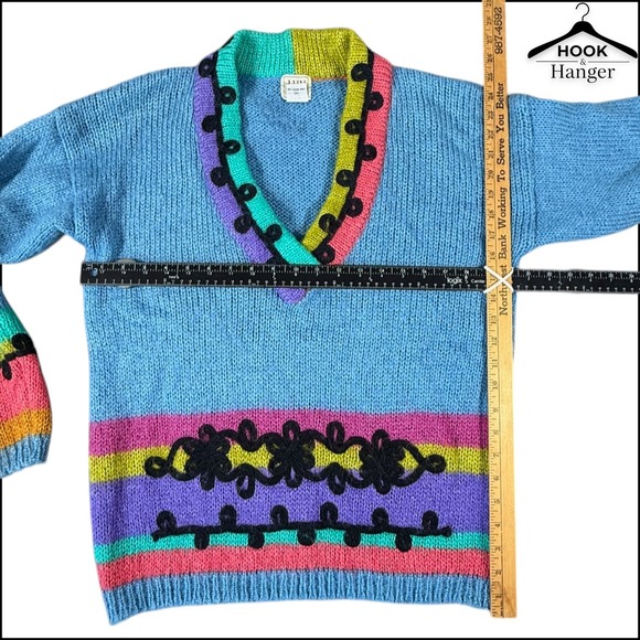 VTG 90s IVY Mohair Blend Colorblock Knit Sweater L Blue Pink Cozy Artsy Bold Y2K - Picture 6 of 8